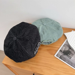 Vintage frayed denim beret with heart patch in black and mint green color
