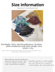 Detail view of denim bucket hats showing frayed edges and adjustable windproof cords