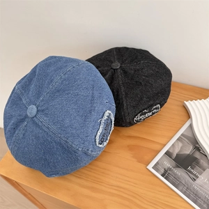 Vintage denim beret hat with frayed heart patch and letter embroidery in dark blue and black