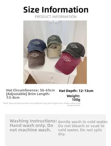 Size chart for vintage baseball caps with adjustable strap and care instructions