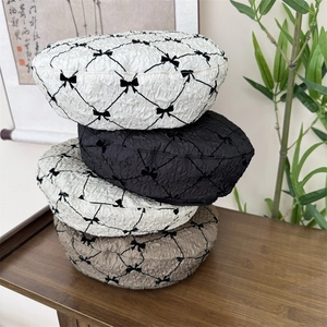 French Retro Sweet Bow Beret For Women Bubble Texture Diamond Lattice Painter Hat Summer Breathable Artist Painter Cap