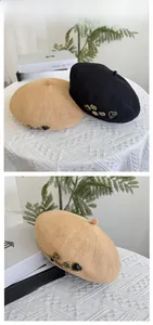Detail of knitted beret hats with vintage metal buttons in black and khaki colors