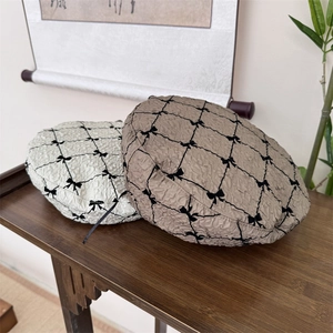 Bow tie bubble texture beret hats for women in off-white and light brown colors