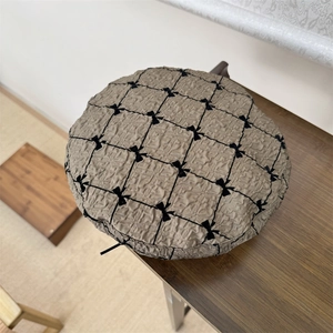 Japanese style khaki checkered beret with small black bows and pleated texture fabric