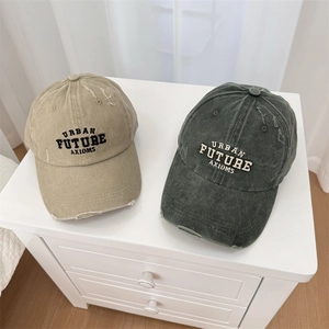 Distressed cotton baseball caps with Urban Future Axioms embroidery in khaki and grey