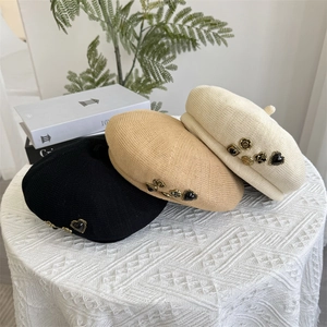 Women's Vintage Knitted Beret Hat With Decorative Metal Button Breathable Hollow Out French Style Summer Spring Fashion Accessory