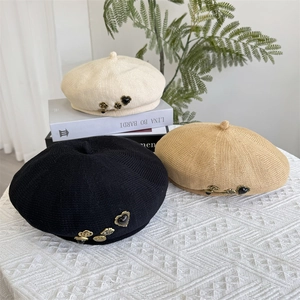 Japanese style breathable knit beret hats in black, khaki and beige with vintage pins