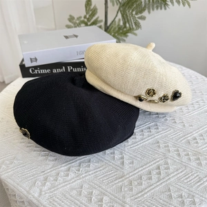 Japanese style breathable knit beret hat with vintage metal buttons for women in two colors