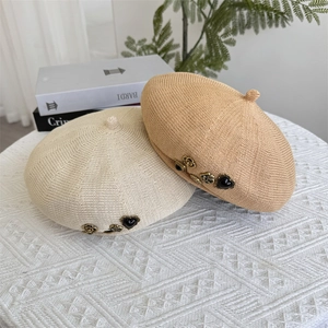 Japanese style breathable knit beret hats in beige and camel with vintage metal buckle