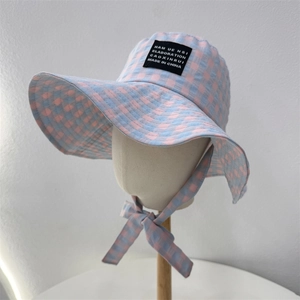 Blue and pink checkered sun hat with breathable cotton fabric and decorative bow tie