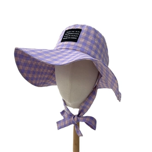 Vintage purple plaid wide brim sun hat with adjustable chin strap for outdoor activities