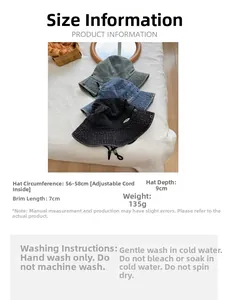Size chart for distressed denim bucket hat with detailed washing and care instructions