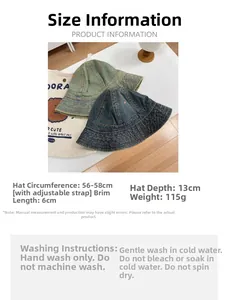 Size chart and washing instructions for vintage denim bucket hat with adjustable strap