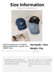 Detailed size chart for washed cotton baseball cap with ribbon patch and adjustable strap