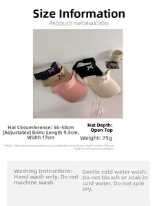 Detail view of adjustable sun visors in four colors with bow embroidery specifications