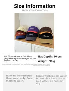 Detailed size chart for five-panel baseball caps with 56-58cm adjustable strap and dimensions