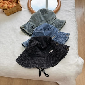 Vintage Washed Denim Style Bucket Hat For Men Women Japanese Casual Sun Hat With Metal Tag And Adjustable Windproof Rope