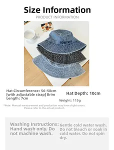 Size guide for denim bucket hat showing head circumference 56-58cm and washing instructions