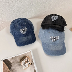 Women Washed Denim Style Baseball Cap Chic Bowtie Patch Adjustable Sun Hat Sweet Casual Fashion Streetwear Outdoor Sports Hat