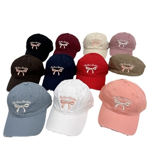 Distressed cotton baseball caps with My Love Darling bow embroidery in multiple colors