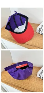 Detail of color block baseball cap featuring inner sweatband and adjustable metal buckle