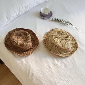 Women Handcrafted Paper Straw Bucket Hat Multicolor Speckled Summer Sun Hat Wide Brim Foldable Beach Vacation Travel Cap