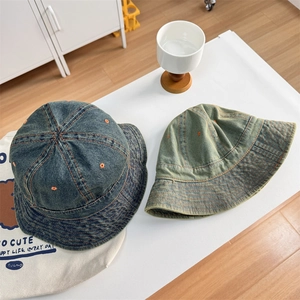 Retro denim bucket hats set in dark blue and green with contrast stitching
