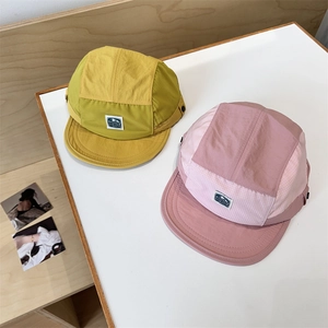 5-panel quick-dry nylon baseball caps in mustard yellow and pink colorblock designs