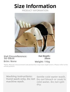 Size chart for lace-up crochet straw bucket hat with washing and care instructions