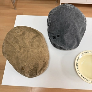 Retro washed cotton newsboy caps in charcoal and khaki with cross embroidery detail