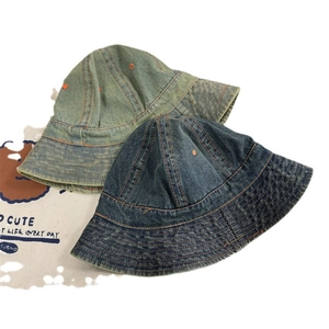 Japanese retro denim bucket hat in washed light green and deep blue cotton