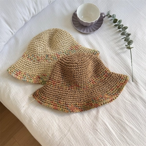 Summer wide brim straw sun hats with rainbow weave details for beach vacations