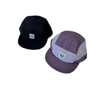 Quick-dry nylon five-panel camper hat with mountain patch in black and purple colors
