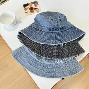 Women Retro Washed Denim Style Acrylic Bucket Hat With Letter Embroidery Sun Protection Outdoor Fashion Fisherman Hat