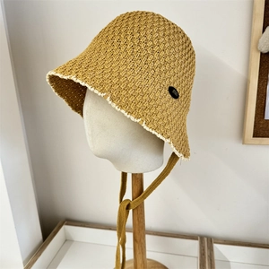 Women Casual Acrylic Crochet Bucket Hat Hollow Out Woven Sun Hat With Strap Breathable Beach Sunshade Hat For Summer Vacation