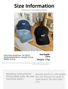 Size guide for denim baseball cap with lace and pearl bow showing detailed measurements