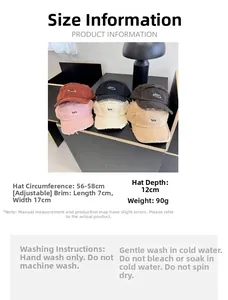 Size chart showing 56-58cm adjustable circumference and product care for baseball cap