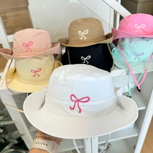 Women Cute Acrylic Bow Embroidery Bucket Hat Quick Dry Sun Protection Wide Brim Summer Outdoor Travel Beach Adjustable Hat