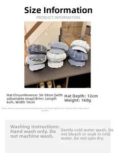 Size guide for retro denim newsboy cap showing 56-58cm circumference and care instructions
