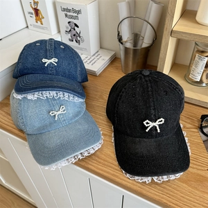 Women Denim Baseball Cap With Artificial Pearl Bow Decoration White Lace Trim Adjustable Sunshade Fashion Casual Duck Tongue Hat