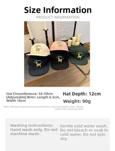 Detailed size chart for adjustable duck embroidery baseball cap with washing instructions