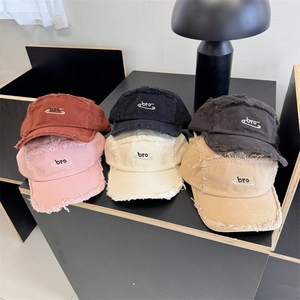 Retro Acrylic Distressed Edge Baseball Cap Bro Letter Embroidery Safety Pin Decor Adjustable Outdoor Sunshade Dad Hat