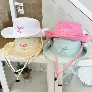 Breathable summer sun hats with bow embroidery in macaron colors and windproof ropes