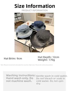 Detailed size specifications for denim bucket hats with adjustable wind ropes and metal logo