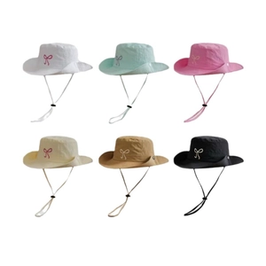 Lightweight quick-dry sun hat with bow embroidery and windproof rope in six colors
