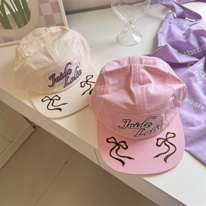 Women's Korean Retro Contrast Color Ribbon Bow Embroidered Flat Brim Baseball Cap Adjustable Summer Sun Hat Fashion Hip Hop Hat