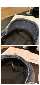 Detail view of denim octagonal hat with distressed finish and adjustable inner lining