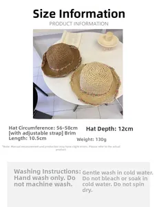 Size chart for floral straw sun hat showing dimensions and washing instructions