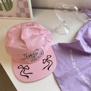 Vintage pink cotton flat brim baseball cap with elegant bow embroidery and ribbon details