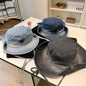 Vintage Washed Acrylic Bucket Hat For Women Outdoor Sun Protection Fisherman Hat With Windproof Rope And Triangle Patch